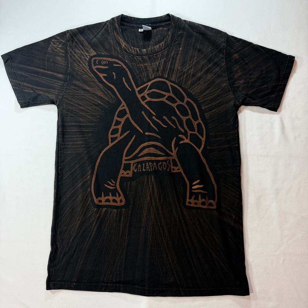 Galapagos T Shirt Adult Large Tortoise Graphic Black Brown Bleach Dye Ecuador